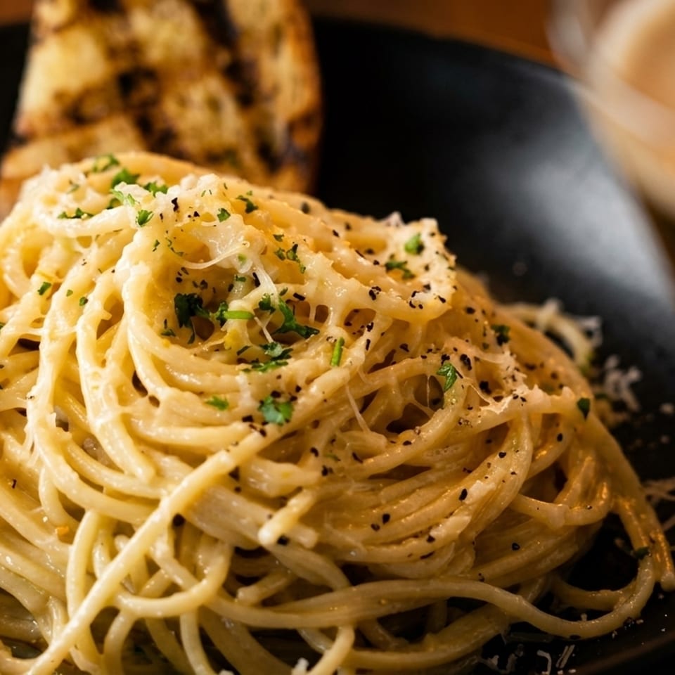 Creamy spaghetti with grated cheese, parsley, and pepper, served with garlic bread and a drink.
