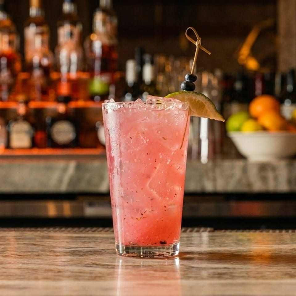 Pink cocktail with ice, lime, and blueberries on a bar with liquor bottles in the background.