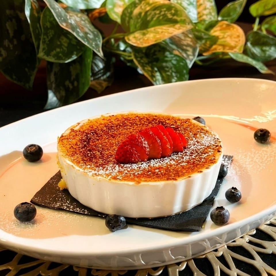 Crème brûlée in a white ramekin, topped with sliced strawberries and powdered sugar, garnished with blueberries.