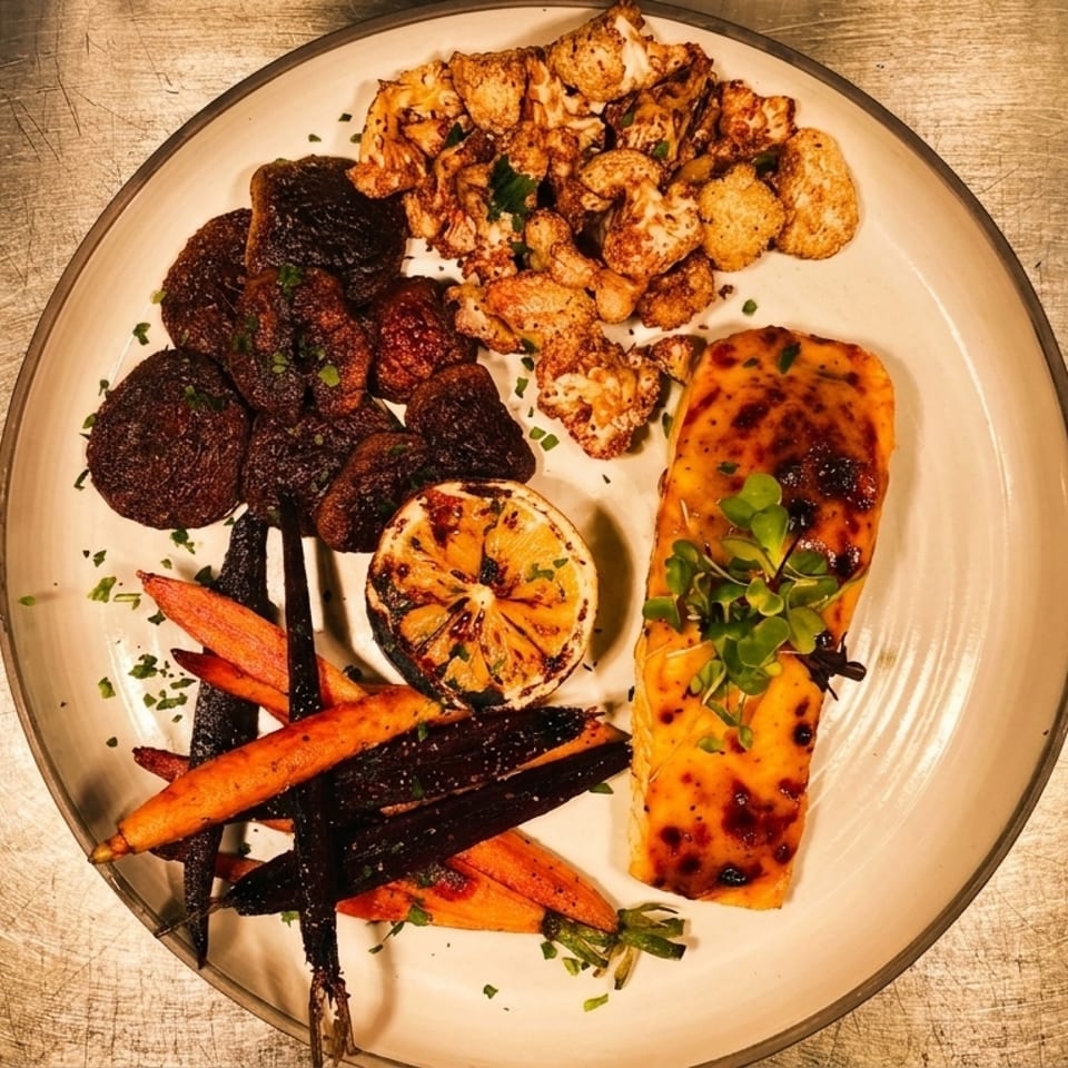A plate of salmon, roasted carrots, cauliflower, and dark brown patties with a grilled lemon.