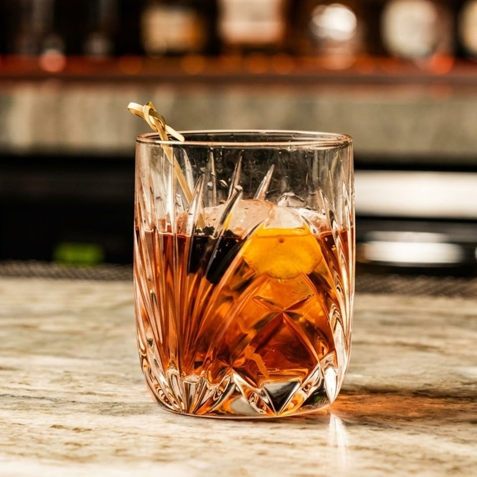 A cocktail with ice, orange peel, and a cherry in a cut glass on a bar.