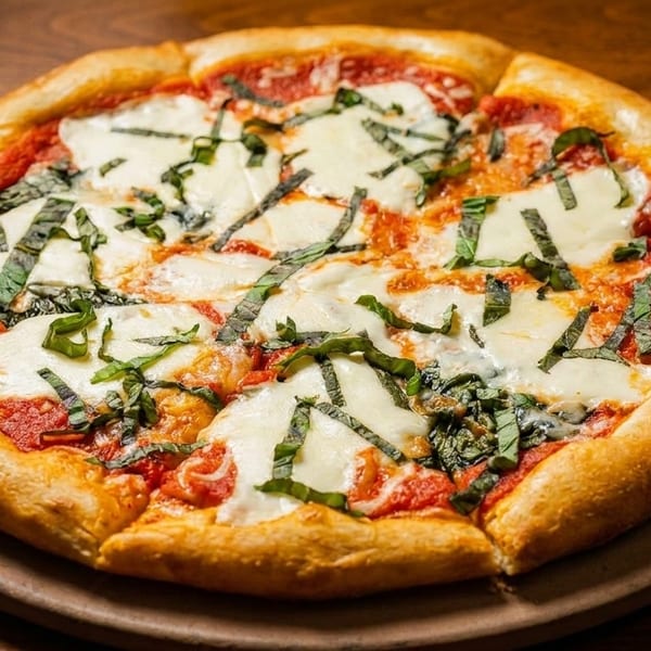 A whole Margherita pizza with fresh basil and mozzarella cheese on a wooden board.