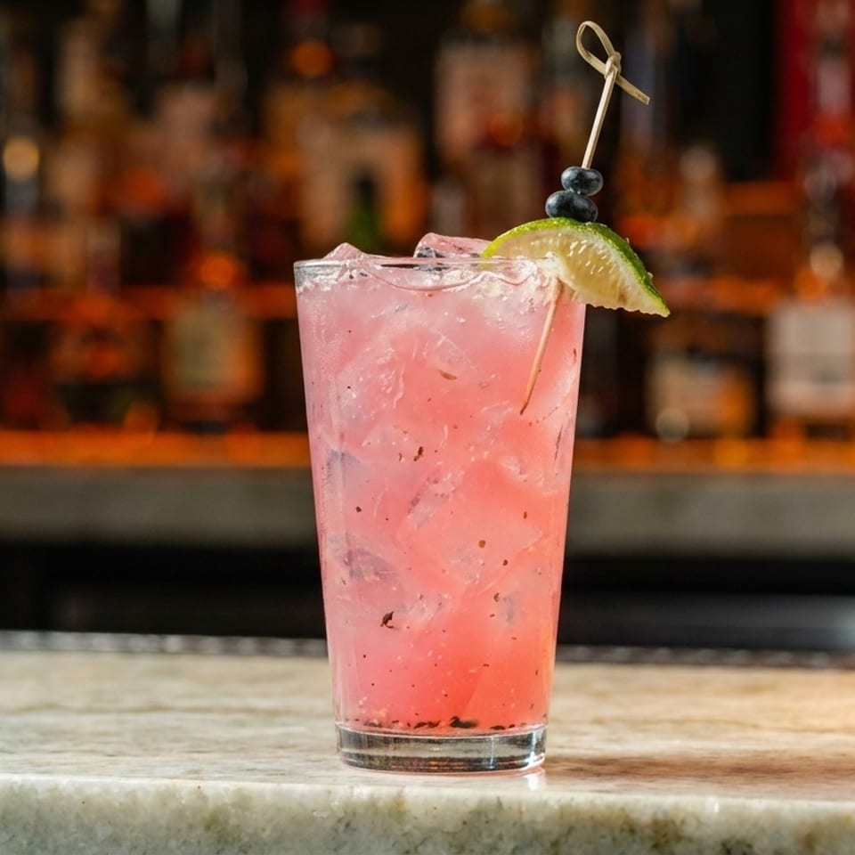Pink cocktail with ice, garnished with a lime wedge and blueberries, on a marble bar.