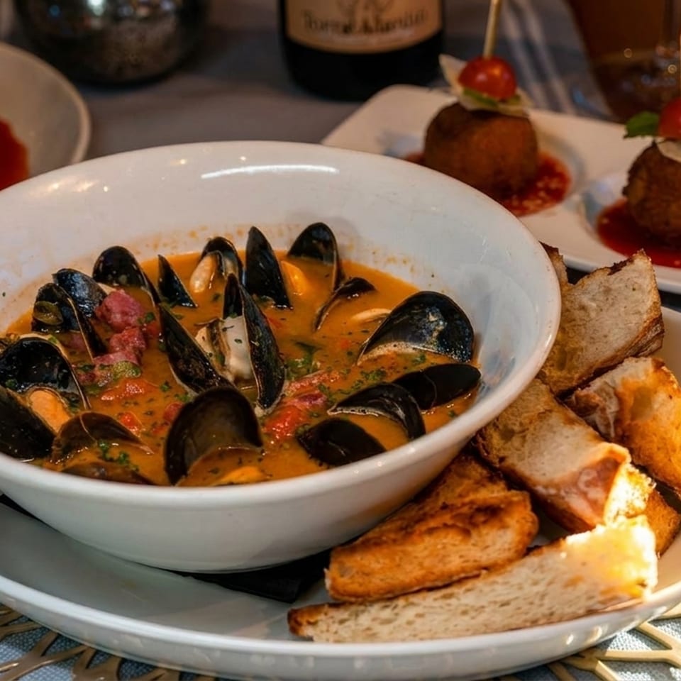 A bowl of mussels in red sauce with toasted bread, alongside arancini and another dish.