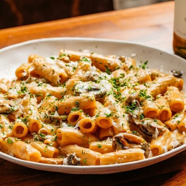Rigatoni pasta with mussels, creamy sauce, and parsley, next to a bottle of Pinot Gris.