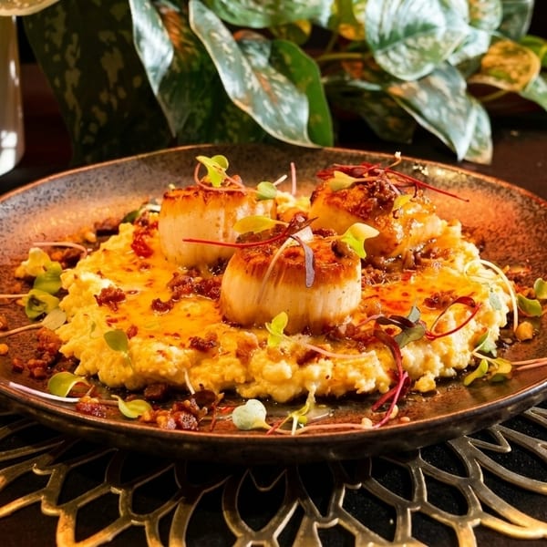 Seared scallops on creamy grits with bacon bits and microgreens, on a dark plate and gold placemat.