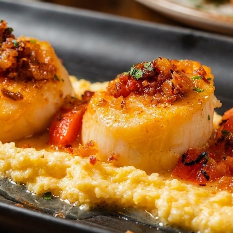 Seared scallops with crispy bacon bits on a bed of creamy polenta and diced tomatoes.