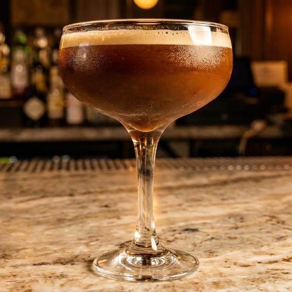 A dark, frothy cocktail in a coupe glass sits on a marble bar with liquor bottles in the background.