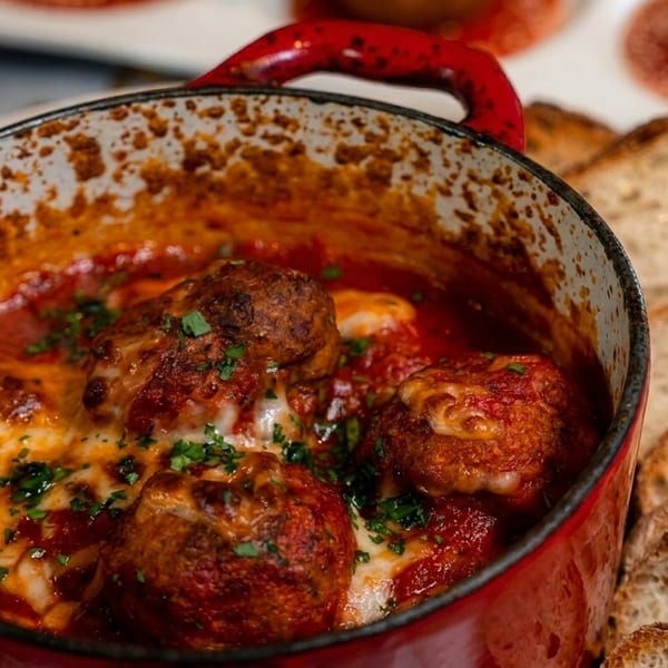 Meatballs in red sauce with melted cheese and parsley in a red pot, served with sliced bread.