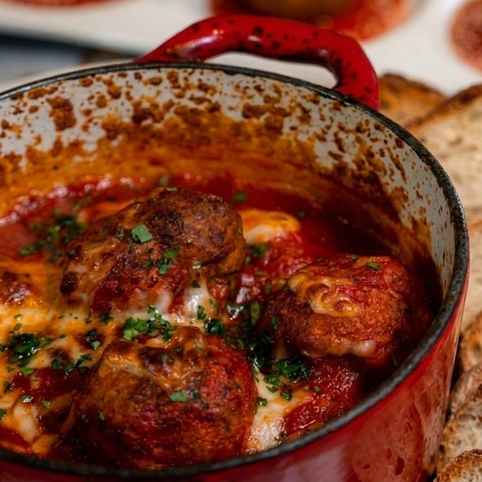 Meatballs in red sauce with melted cheese and parsley in a red pot, served with sliced bread.