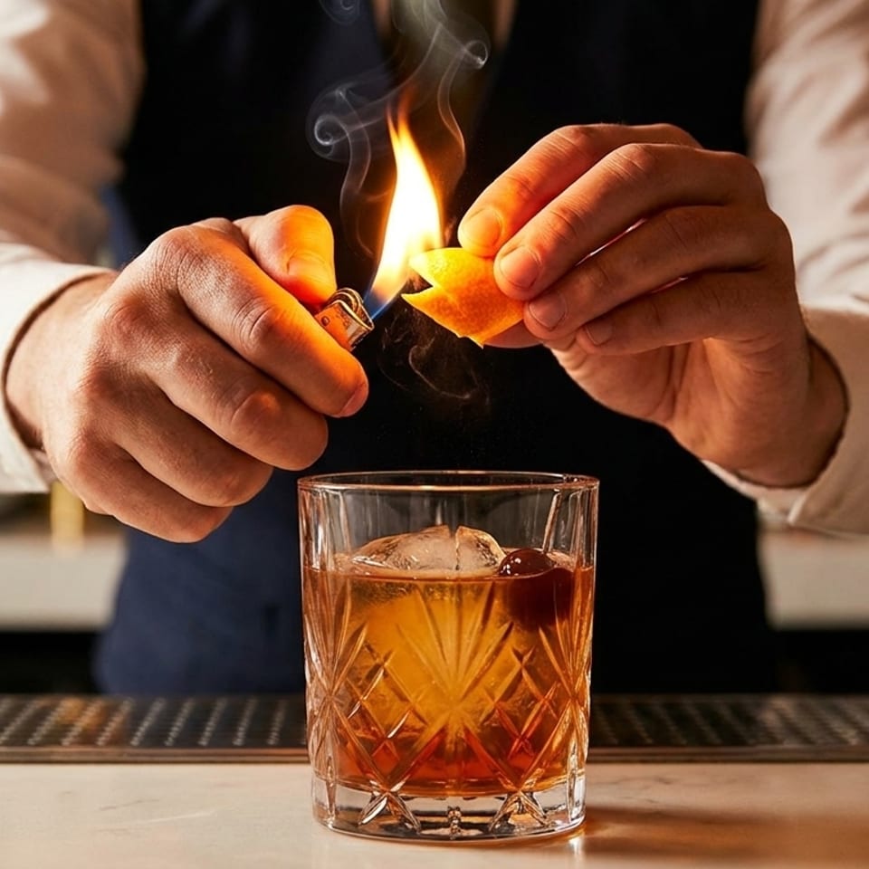 Bartender flaming an orange peel over a cocktail with ice and a cherry in a crystal glass.